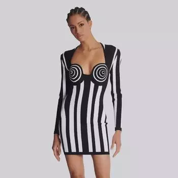 Черно-белое полосатое бандажное платье - Европейская и американская уличная мода для вечеринок S белый/чёрный