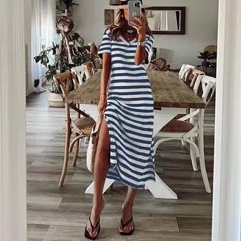 Черно-белое полосатое платье с V-образным вырезом и короткими рукавами S чёрный