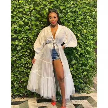 Черно-белое сетчатое платье с длинными рукавами для ночного клуба S белый