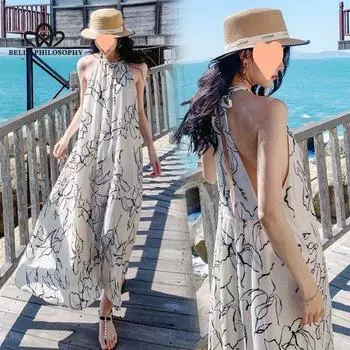 Черно-белое сказочное элегантное платье с открытой спиной и вырезом на берегу моря для путешествий, пляжное длинное платье для женщин S белый