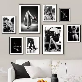 Черно-белое вино Бокал Обнаженная женщина Мода Настенная живопись Холст Картина скандинавские постеры и принты Настенная картина для декора гостиной 21x30cm No Framed