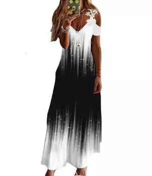 Черно-белое женское длинное платье без рукавов с v-образным вырезом и кружевом с градиентом S чёрный