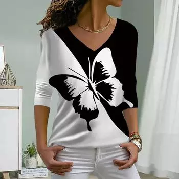 Черно-белые бабочки с принтом женские футболки женские топы с длинным рукавом V-образный вырез пуловер женские футболки футболка для женщин XS жёлтый