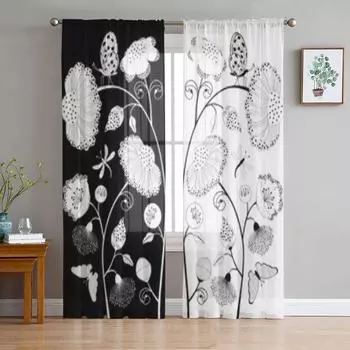 Черно-белые цветы и бабочки прозрачные занавески для гостиной вуаль тюлевые оконные шторы для спальни кухонные шторы 135W x 114H(cm)
