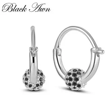 Черно-белые дизайнерские серьги-кольца с черным цирконом 15 мм