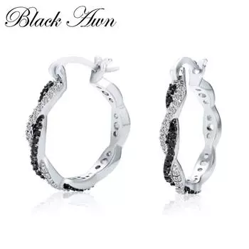 Черно-белые дизайнерские серьги-кольца с черным цирконом 25 мм