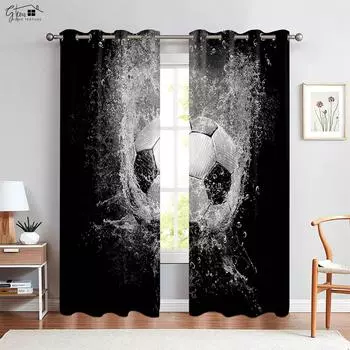 Черно-белые футбольные спортивные 3D-печатные шторы для детской комнаты, спальни, гостиной, кабинета, декоративные шторы W50xH130(CM)x2PCS&Grommet Top