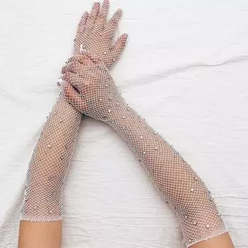 Черно-белые красные длинные сетчатые перчатки со стразами, полые перчатки для рыболовной сети 3