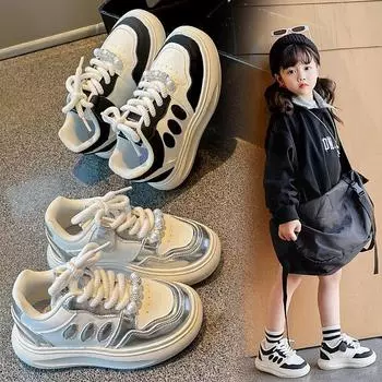 Черно-белые кроссовки осенняя модная повседневная обувь для девочек, для мальчиков, маленьких, средних и больших детей, в студенческом стиле 21 серебряный