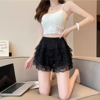 Черно-белые кружевные защитные штаны женские летние тонкие нескользящие расправленные леггинсы страховочные штаны можно носить M чёрный