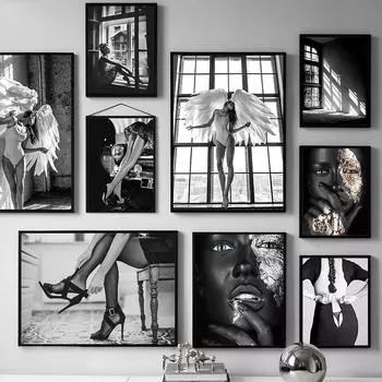 Черно-белые крылья ангела модный постер золотисто-серебряная женщина холст печать картина сексуальная красивая девушка винтажная картина домашний декор 21*30cm No Frame