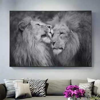 Черно-белые львы целуются, настенные художественные холсты, постеры и принты, художественные картины, животные, лев, семейные художественные фотографии, домашний декор стен 20*40cm