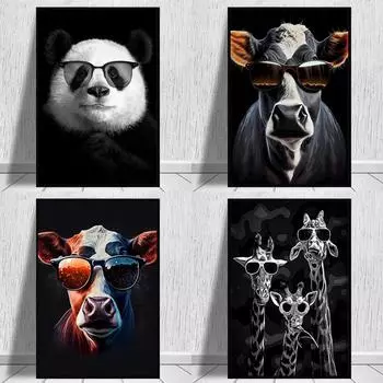 Черно-белые милые животные, солнцезащитные очки, принт, плакат, холст, картины, современная настенная художественная картина для гостиной, спальни, домашний декор, без рамки 21*30cm