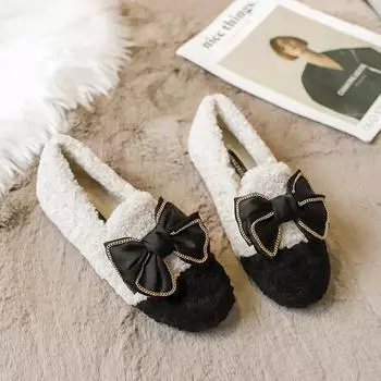 Черно-белые мокасины с мехом в стиле пэчворк женские зимние туфли на плоской подошве с бантом теплые плюшевые хлопковые мокасины женская меховая обувь большой размер 43 5 хаки