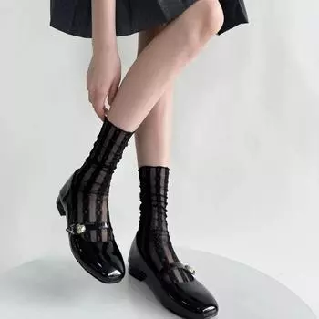 Черно-белые носки женские, сетчатые, тонкие, дышащие, летние, свободные, длинные носки, милые, для девочек, в стиле Лолиты, милые, кружевные, с цветочным принтом белый