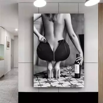 Черно-белые обнаженные женщины с бокалами вина, плакаты и принты, холст, картина, настенное искусство, сексуальная девушка, картина для спальни, домашний декор, Cuad 20x30cm