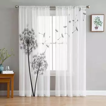 Черно-белые одуванчики тюль занавески для окон гостиная органза прозрачная вуаль занавеска спальня кухня домашний декор драпировка W135 x H115cm x1&Rod Pocket