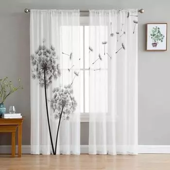 Черно-белые одуванчики тюль занавески для окон гостиная органза прозрачная вуаль занавеска спальня кухня домашний декор драпировка W135 x H115cm x1&Rod Pocket