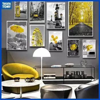 Черно-белые пейзажные постеры, настенное искусство, печать на холсте, ретро-желтый пейзаж, картина для декора гостиной, домашний декор, живопись 21cm30cm NoFrame