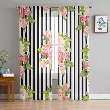 Черно-белые полосатые тюлевые занавески с цветком для гостиной, прозрачная вуаль из органзы, занавеска для спальни, кухни, домашний декор, драпировка W135 x H115cm x1