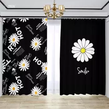 Черно-белые шторы с маргаритками, затемняющие шторы, солнцезащитные шторы, простые шторы для спальни, легкие перегородки, плотные шторы на окна, 2 шт. W55 X H120cm X 2&HOOK