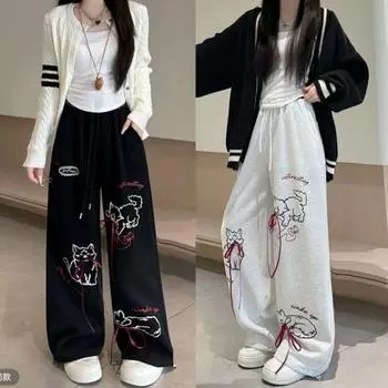 Черно-белые спортивные штаны с завязками на талии, женские широкие брюки в стиле хип-хоп, новые летние универсальные длинные брюки S белый