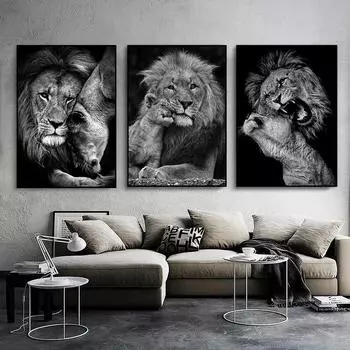 Черно-белые животные львы картина маслом современные холсты постеры и принты настенная художественная картина для гостиной Cuadros украшение дома 21x30cm No Framed