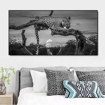 Черно-белые животные с диким леопардом, холст, живопись, постеры и принты, настенные панно, Куадрос, домашний декор для гостиной, без рамки 20*40cm