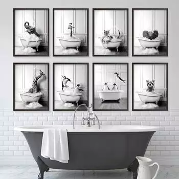 Черно-белые животные, слон, пингвин, жираф в ванне, ванная комната, настенная живопись, холст, живопись, постеры и принты, настенная картина, декор комнаты 21x30cm No Framed