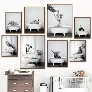 Черно-белые животные в ванне, забавные постеры, холст, картина, жираф, верблюд, слон, панда, пена для ванны, забавный декор для ванной комнаты 21x30cm No Frame