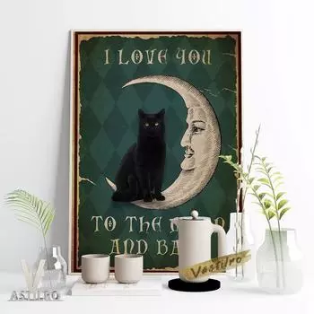 Черно-белый эскиз, ретро-принт, постер, подарок для энтузиастов животных, креативная луна, черный кот, иллюстрация, картина маслом, детская комната, дом 21cm30cm NoFrame