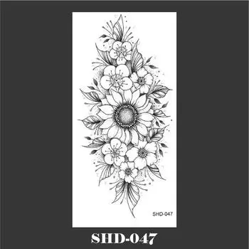 Черно-белый эскиз татуировки-наклейки с цветком Водонепроницаемая наклейка-тату с черным цветком 6.8X14 CM