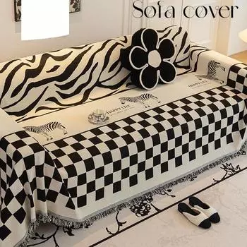 Черно-белый чехол для дивана из синели в шахматную клетку, полный комплект, полный комплект диванных подушек, универсальное всесезонное диванное полотенце 180*130cm