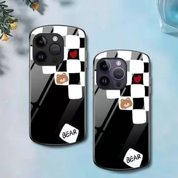 Черно-белый чехол для телефона с клетчатым медведем для Iphone 14 11 13 12mini Pro Max Xs X Xr 7 8plus Se2022 2020 овальный стеклянный чехол Capas For iPhone 14Pro Max