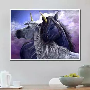 Черно-белый Единорог Алмазная вышивка Настенная картина Домашний декор Алмазная картина Вышивка крестом 20X30CM