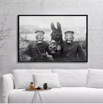 Черно-белый фотоплакат времен Первой мировой войны с изображением осла и двух немецких солдат, антикварная фотография, настенная живопись, декор на холсте 21x30cm No Frame