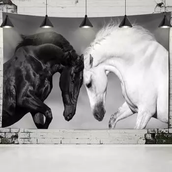 Черно-белый гобелен с изображением пота и крови лошади, настенный психоделический тапиз, хиппи, мистический декор в виде животных 95x70cm