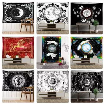 Черно-белый гобелен с изображением Солнца и Луны, настенный Гобелен Мандала, хиппи, богемный ковер, психоделический Таро, общежитие, домашний декор 95x70cm
