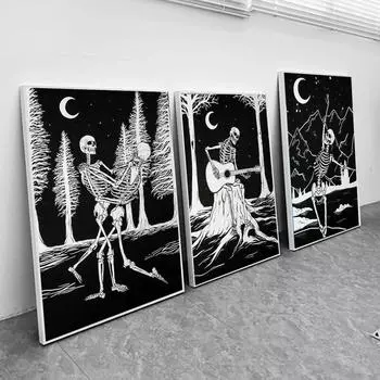 Черно-белый готический скелет, холст, картина, настенное искусство, темно-академия, искусство, абстрактный череп, печать плакатов для гостиной, домашний декор, без рамки 21*30cm