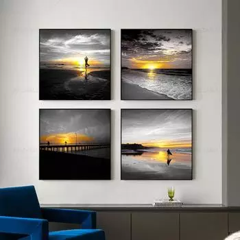 Черно-белый холст, морской пейзаж, настенное искусство, женщина, занимающаяся йогой на пляже, сумерки, принты, прибрежный восход, серфинг, картины, домашний декор стен 30x30cm No Framed