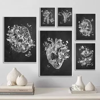 Черно-белый холст с анатомией человеческого тела, постер с мозгом, сердцем, органом, настенный принт, Ретро абстрактное искусство, живопись, медицинский декор, фотографии A4 21x30cm No Frame