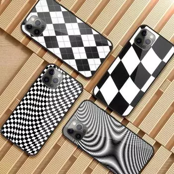 Черно-белый клетчатый чехол для телефона для IPhone 13 12 11 XS X 8 7 6 Plus Mini Pro Max SE 2022 Черный ПК ТПУ Стеклянный чехол для телефона iPhone 13