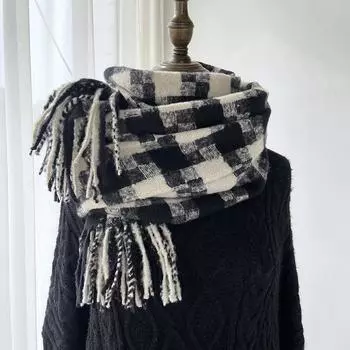 Черно-белый клетчатый шарф для женщин, осень и зима, новый универсальный шарф с кисточками из искусственного кашемира, студенческая толстая теплая шаль 70-200cm
