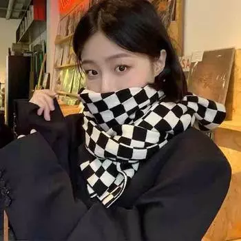 Черно-белый клетчатый шарф в клетку, зимний корейский студенческий универсальный теплый вязаный шарф хаки