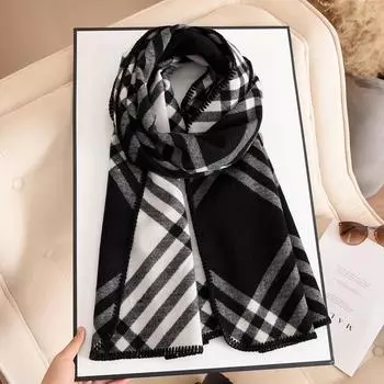 «Черно-белый клетчатый шерстяной шарф для женщин, вдохновленный Чон Джи Хён — высококачественный искусственный кашемир, идеально подходит для осени и зимы». синий