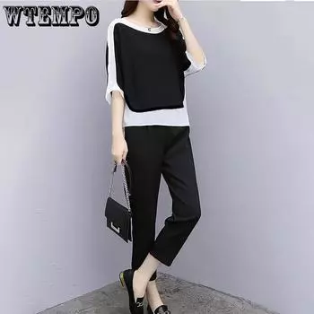 Черно-белый костюм размера плюс, женский костюм из двух частей со свободным животом, футболка с круглым вырезом и короткими рукавами, свободные брюки, женский повседневный костюм XXXXL