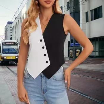 Черно-белый костюм с цветными блоками, жилет, кроссовер с v-образным вырезом, повседневный короткий топ для повседневной носки, свиданий на улице M черный белый