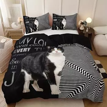 Черно-белый котенок, трехкомпонентное постельное белье, домашний текстиль, цифровая печать, пододеяльник через независимую станцию EU single 135*200