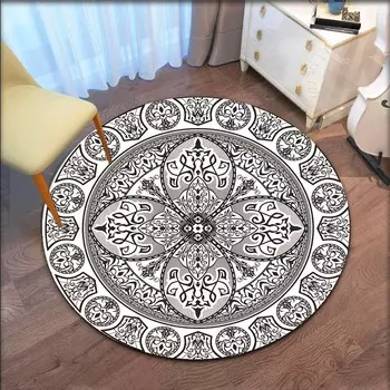 Черно-белый круглый ковер с цветком Мандалы, богемный коврик для спальни, гостиной, нескользящий коврик для пола в этническом стиле, ретро, домашний декор 40cm