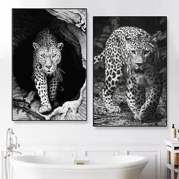 Черно-белый леопардовый модный плакат с изображением животных Печать на холсте Дикая природа Декор для стен Картина Комната Главная Картина Вдохновленная искусством улица 21x30cm No Framed